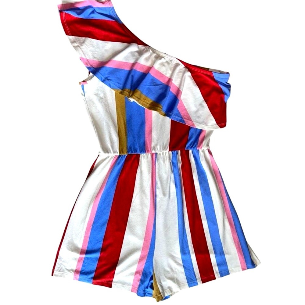 ASOS One Shoulder Ruffle Striped Romper Red Blue Pink US‎ 6 Playsuit